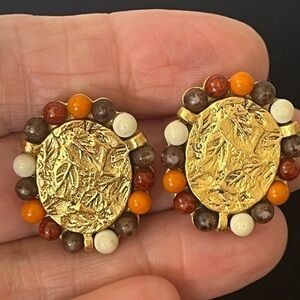 Vintage 1990's Signed LCI Liz Claiborne Gold Multi Color Beaded Clip-on Earrings